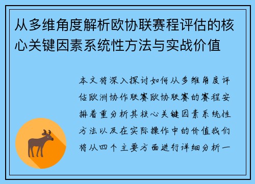 从多维角度解析欧协联赛程评估的核心关键因素系统性方法与实战价值