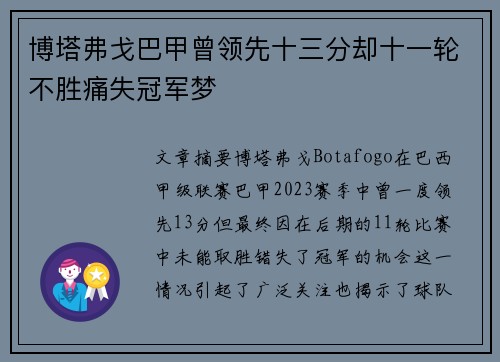 博塔弗戈巴甲曾领先十三分却十一轮不胜痛失冠军梦